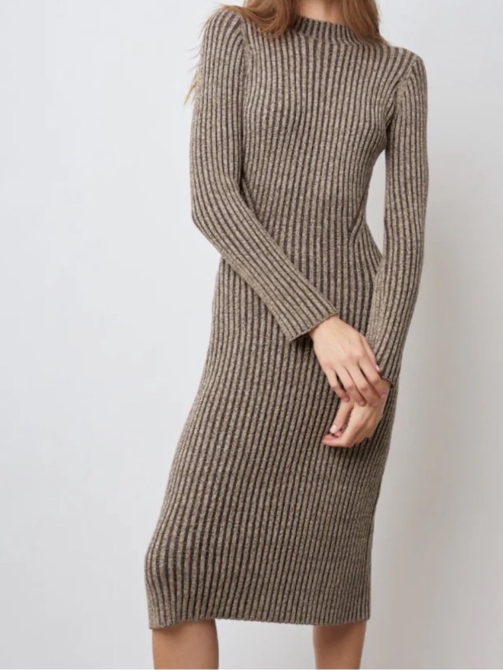 Rails Ribbed Long Sleeve Midi Dress - Taupe and Brown - Picture 2 of 16